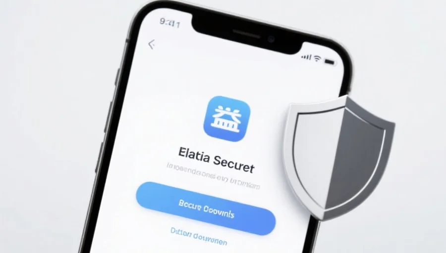 一部现代智能手机屏幕上显示富联应用的安全下载界面,旁边有安全盾牌图标,背景简洁